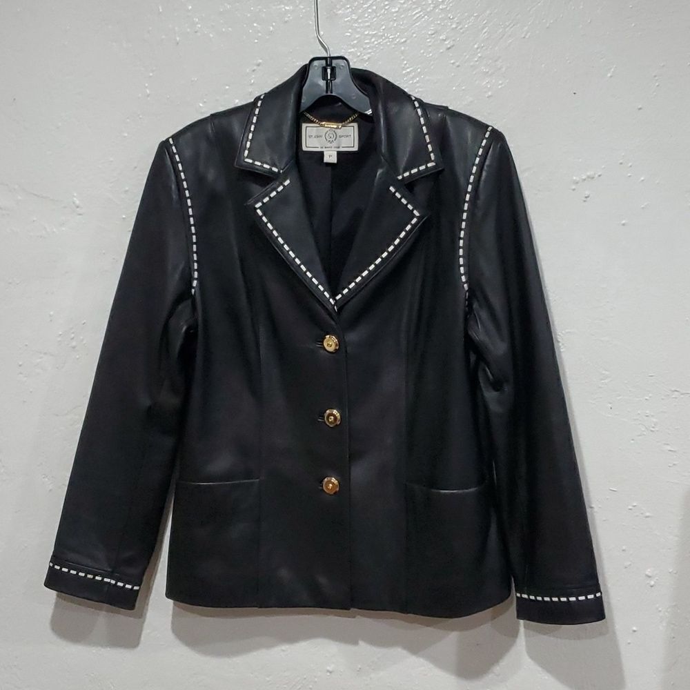 St. John Lambskin Leather Jacket in Black with White Stitching Size S